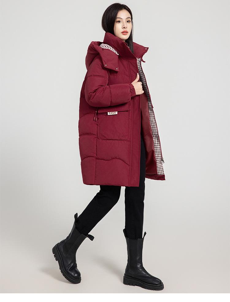 Damen Herbst- und Wintermantel Kontrastfarbe Locker Kapuze Mittellang Verdickt Winddicht Damenjacke 5 Farben