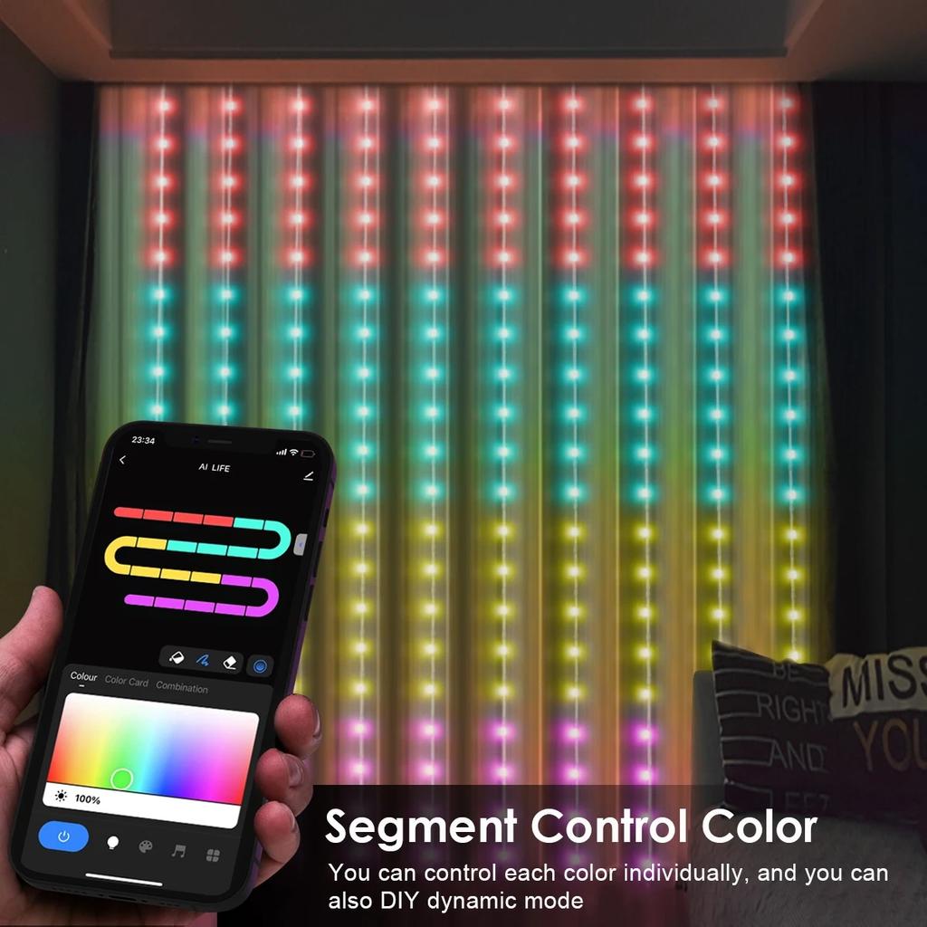 LED Curtain Light String RGBIC Curtain Light APP Bluetooth Control String Lights USB Plug Music Sync Lights for Room Decorations