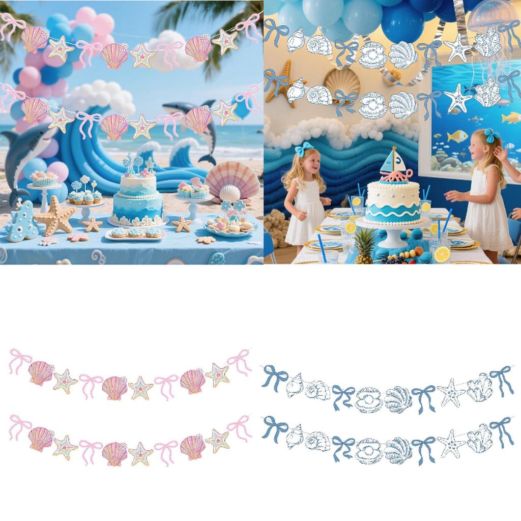 Mermaid Birthday Decor Paper Hanging Banner Coastal Seashell Garland for Kids Beach Party and Events