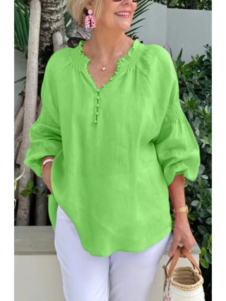 Women’s Polo-neck V-neck Plain Cotton-linen Long-sleeved Casual Top