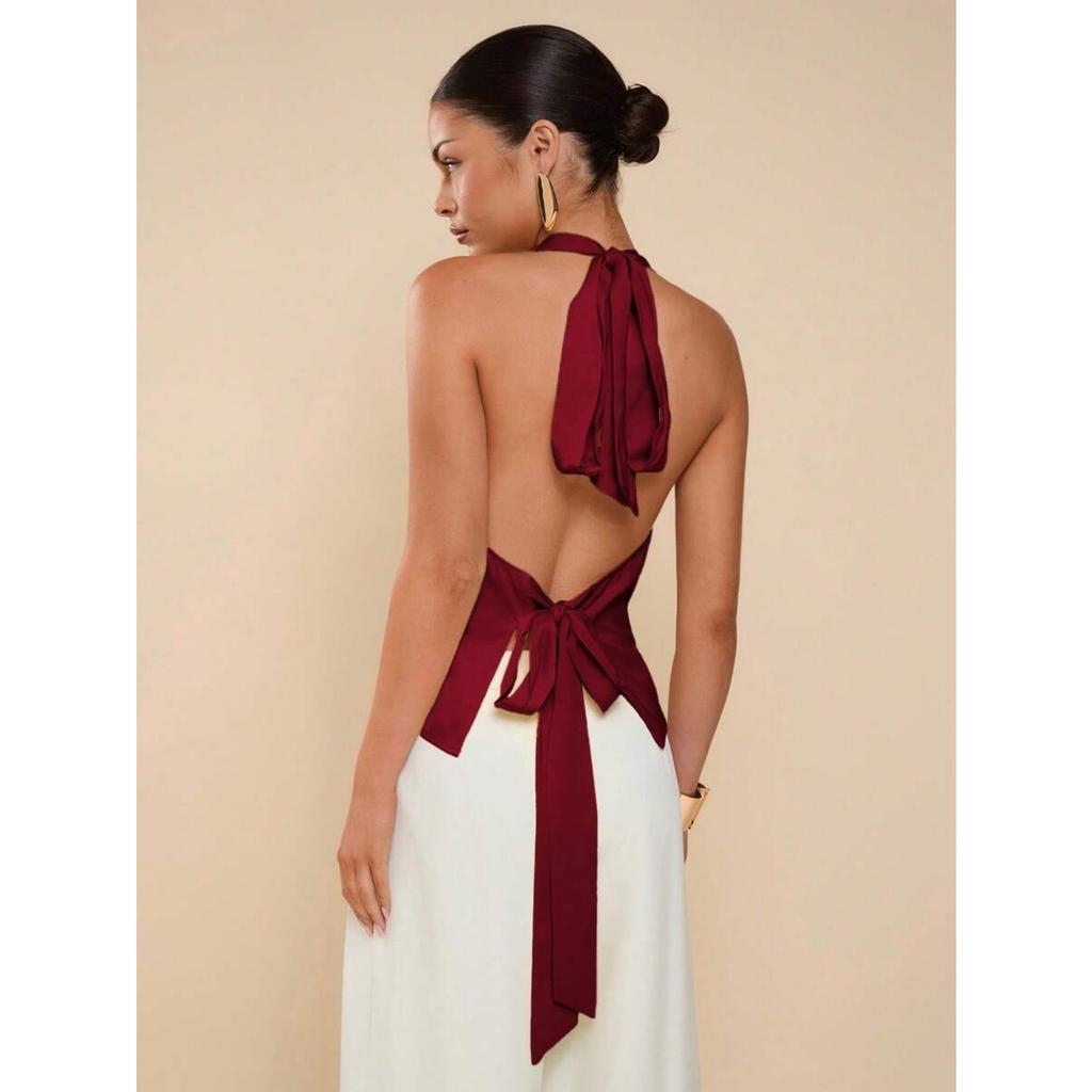 Women's Halter Neck Sleeveless Regular Fit Solid Color Satin Shirt Elegant Top