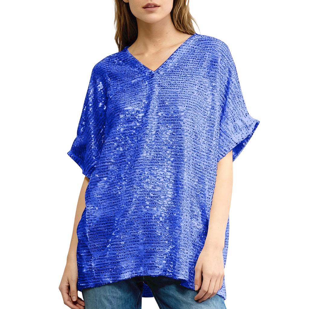 Women Sequin Short Sleeve V Neck Loose Fit Party Top Shiny Lightweight Tunic Shirt for Events Nightclub Festival