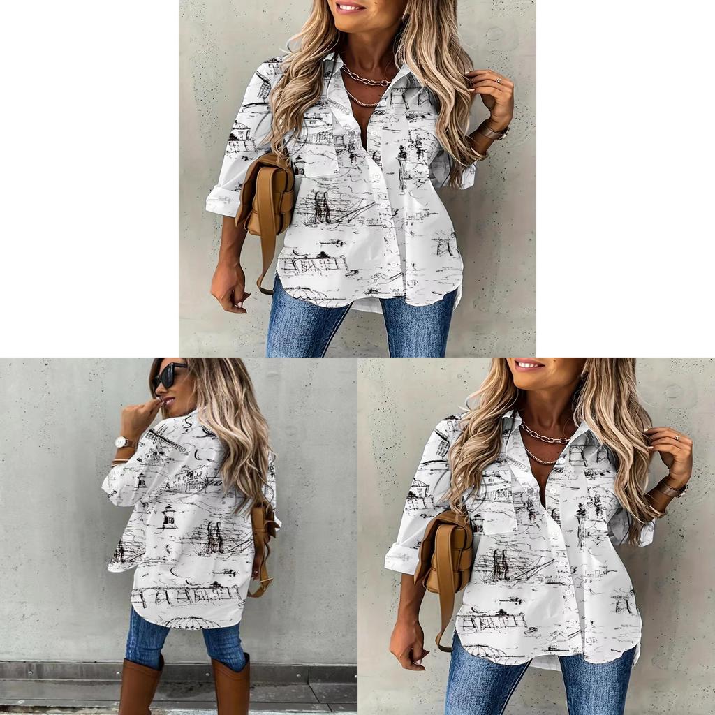 Landscape Pattern Long Sleeve Shirt With Pockets For Casual Wear