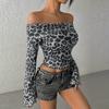 European and American women's clothing summer sexy one-word shoulder long-sleeved off-the-navel leopard print top sexy hot girl bottoming shirt