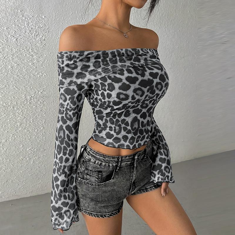 European and American women's clothing summer sexy one-word shoulder long-sleeved off-the-navel leopard print top sexy hot girl bottoming shirt