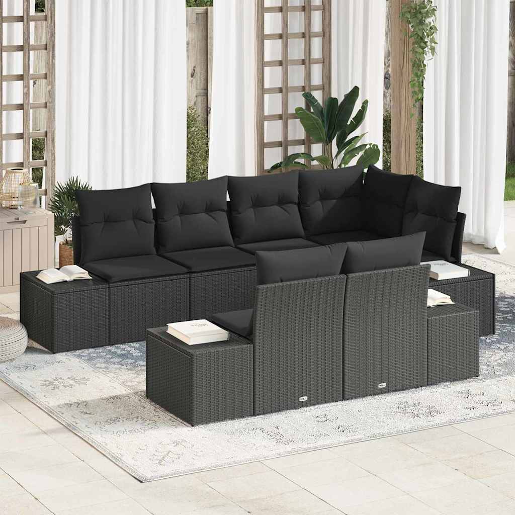 7 Piece Garden Sofa Set with Cushions Black Poly Rattan