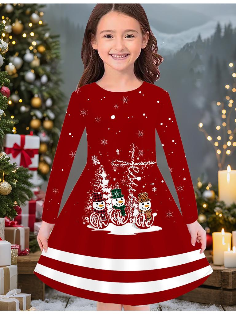 Mädchen Herbst- und Wintermodekleid, 3D Weihnachtsprint Rundhalsausschnitt Lang Kinder-T-Shirt-Kleid, Lässig Vielseitig, Weihnachtskleidung
