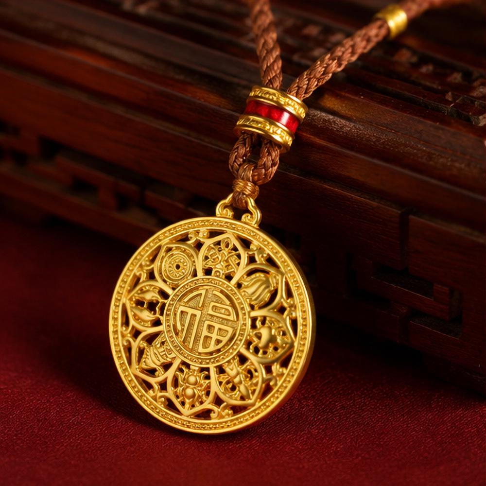 Sand Gold Filigree Openwork Necklace: Colorfast, Double-Sided, 3D Pendant with Eight Treasures Fortune Character, Includes Necklace Cord.