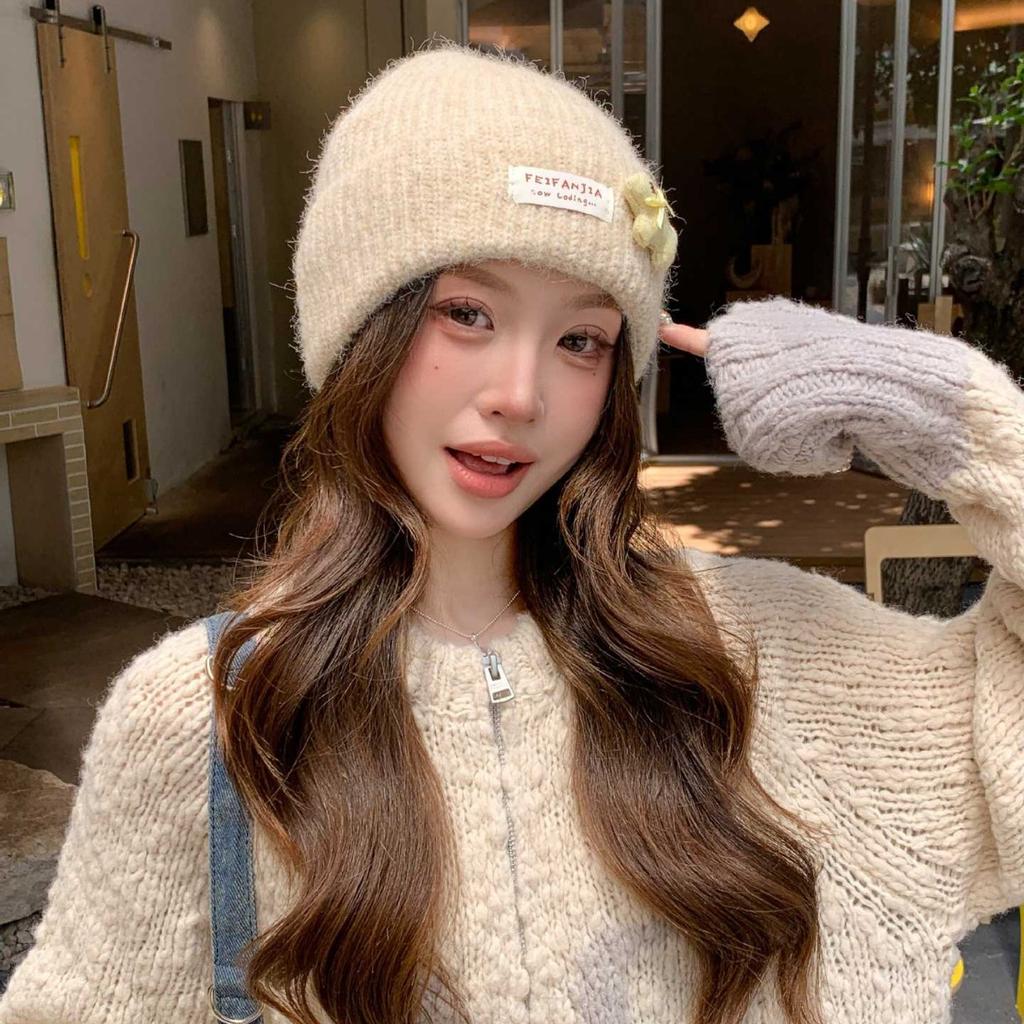 Three-dimensional Puppy Patch Knitted Hat Female, Soft Waxy Vertical Pattern Curled Edge Cold Hat, Autumn and Winter Warm Wool Hat