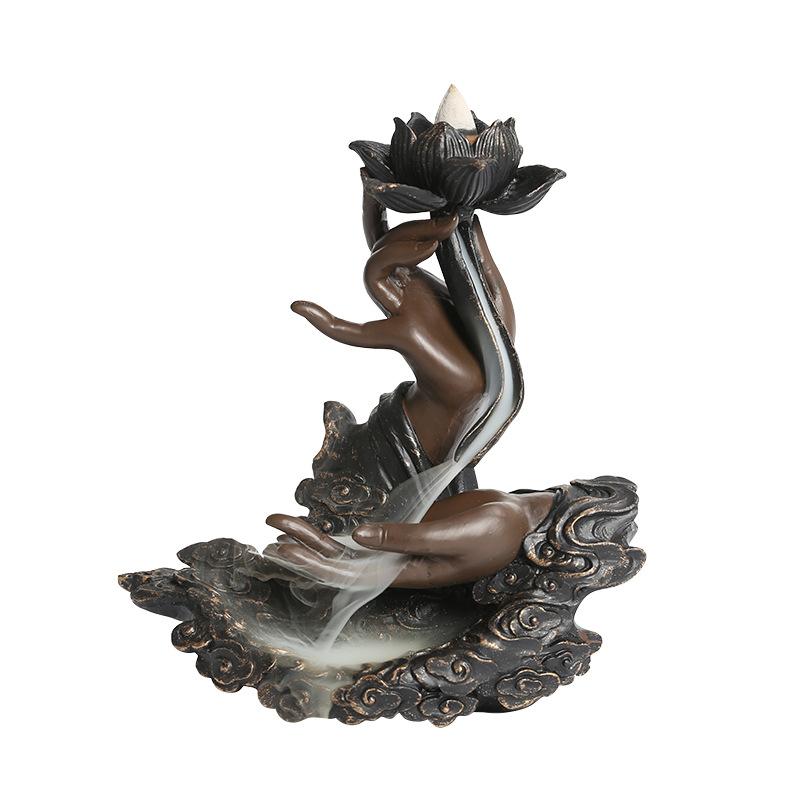 Creative Lotus Backflow Incense Holder Zen Feng Shui Hand Sculpture Aromatherapy Burner Home Decor for Office Living Room