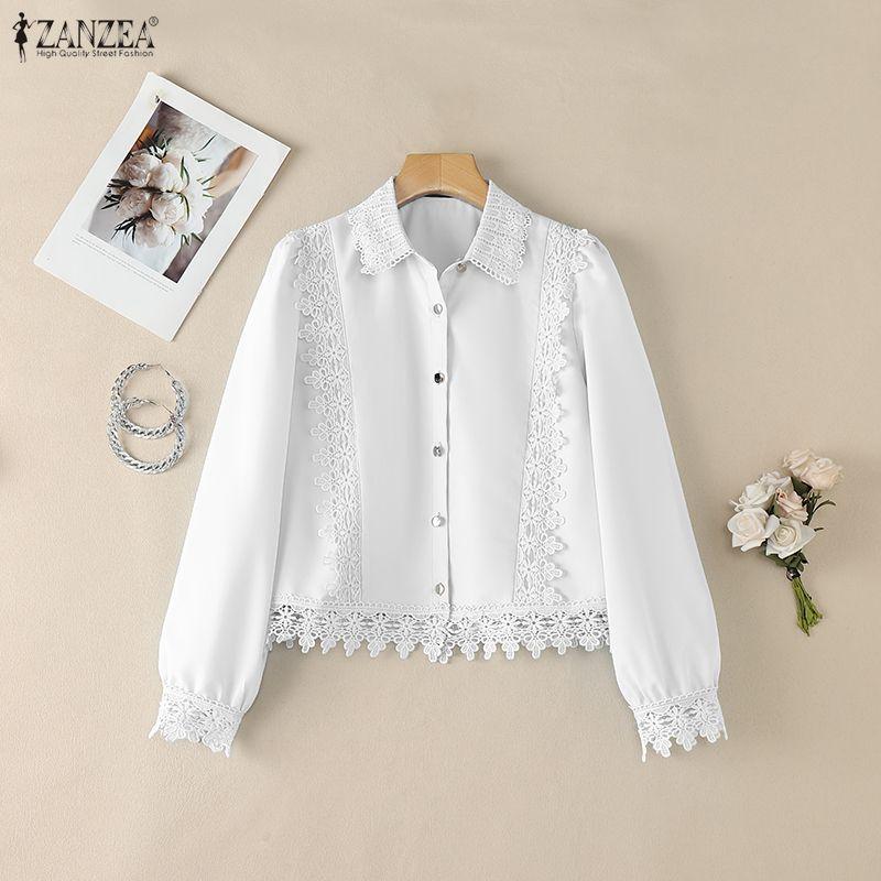 ZANZEA Women Casual Turn Down Collar Long Sleeve Lace Splice Blouse
