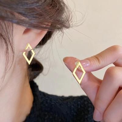 1 Pair Women Geometric Rhombus Earrings Hypoallergenic Lightweight Minimalist Statement Earrings Hollow Square Front Back Metal Stud Earrings Jewelry