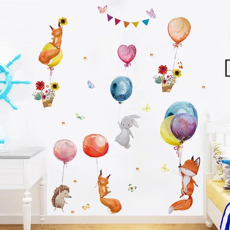 Cartoon Colorful Balloons Animals Wall Stickers for Kids Room Baby Nursery Room Decoration Wall Decals PVC Fox Bunny Stickers