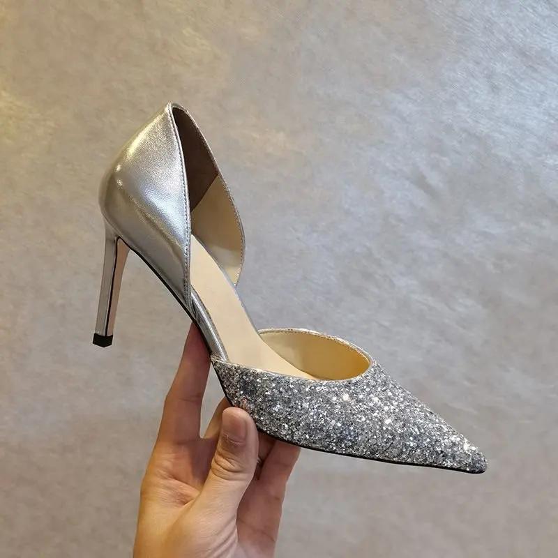 2025 New Hollow Sequin Color Blocked High Heels Pointed Bridesmaids Work Wedding Shoes for Women