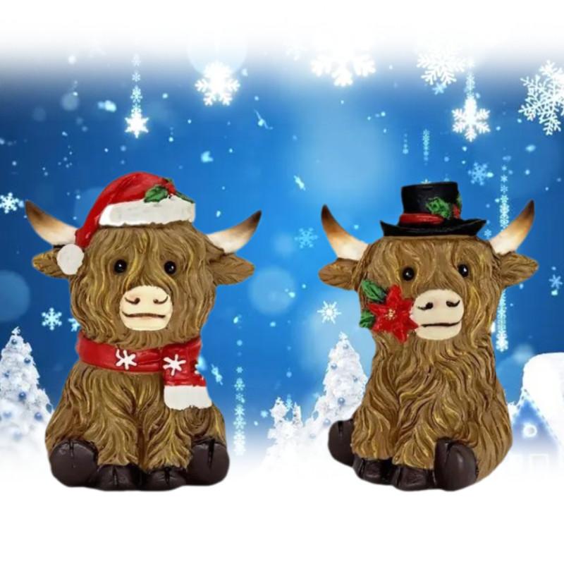 Resin Highland Christmas Cows Ornament Garden Tabletop Home Xmas Yak Decor Gift