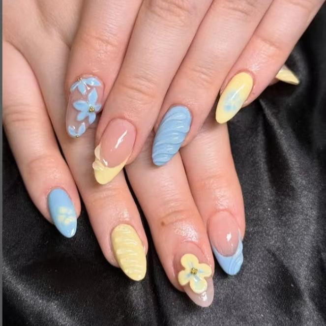 24PCS Yellow French False Nails Summer Pink 3D Flowers Shell with Pearl Fake Nails Almond Press on Nails Wearable Fresh Manicure