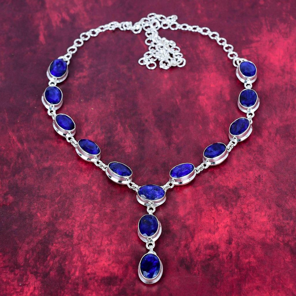 Blue Sapphire Necklace, Handmade Gemstone Necklace, 925 Solid Sterling Silver Necklace Antique Jewelry, For Engagement Gift
