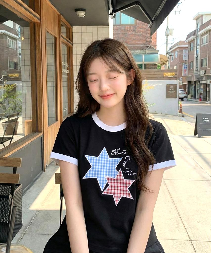 MOZMOZ Star Patch 2-Type Ringer Short Sleeve T-Shirt 2 Colors