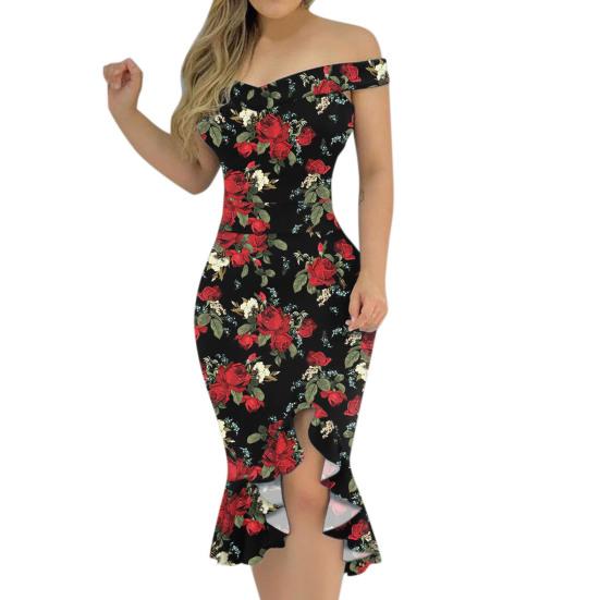 

Formal Dress Floral Print Ruffles Summer Low Cut Waist Tight Bodycon Dress L красный черный