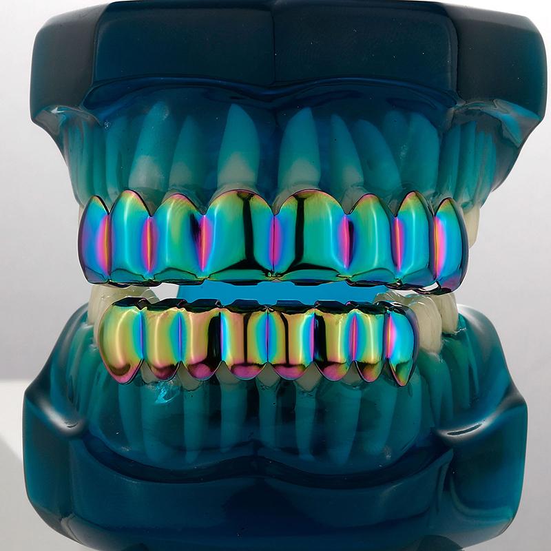 Blues Brass Rainbow Color 8 Top 8 Bottom Teeth Grillz Unisex for American Hip Hop Halloween Party Gift