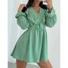 Fashion Elegant Ruffle Dress V-neck Puff Sleeve A- line Skirt V-neck Bubble Sleeve Dress