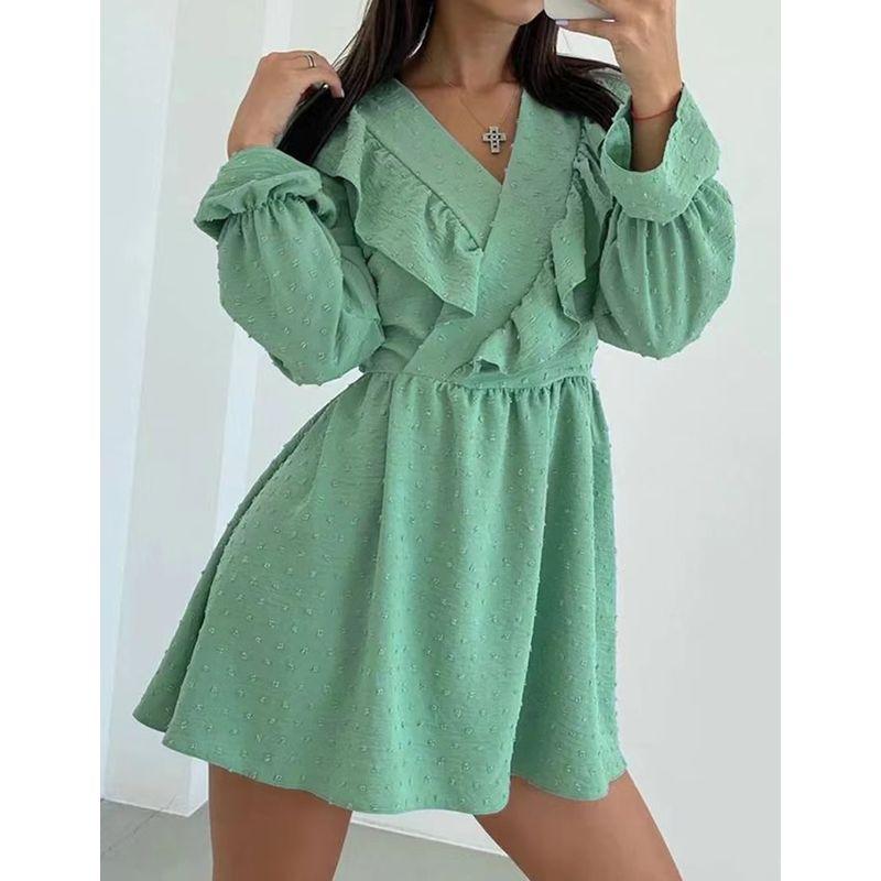 Fashion Elegant Ruffle Dress V-neck Puff Sleeve A- line Skirt V-neck Bubble Sleeve Dress