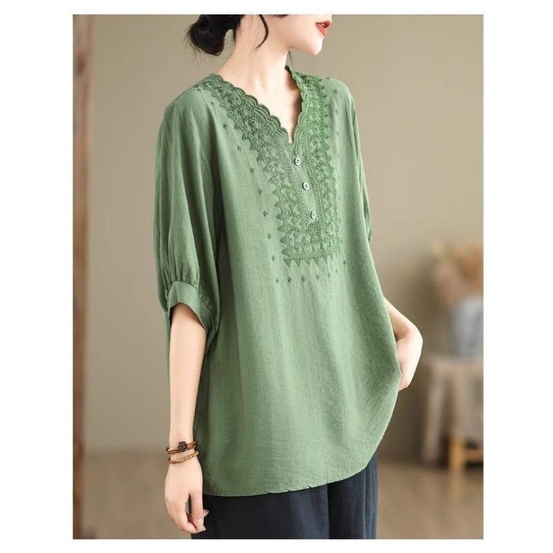 Women Scalloped V Neck Hollow Embroidery Puff Half Sleeve Loose Linen Blouse