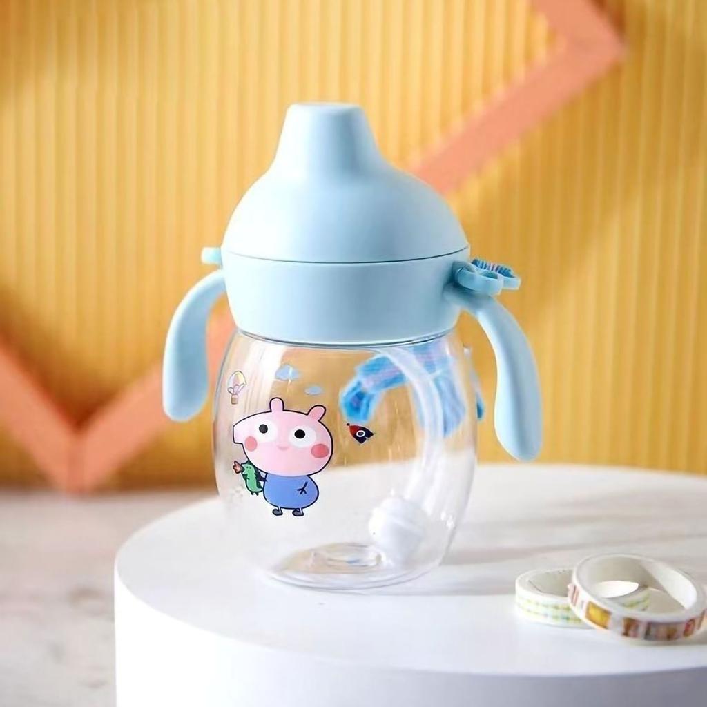 Water Bottle Double Handle Plastic Straw Cup 340ml with Strap for Children Kids Babies