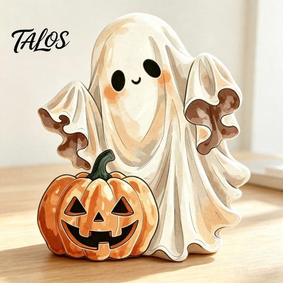 Halloween Party Supplies Wooden Ghost Ornament with Pumpkin Pattern, Double Sided Desktop Decoration, Spooky Tiered Tray Decor Decor, Wood Tabletop