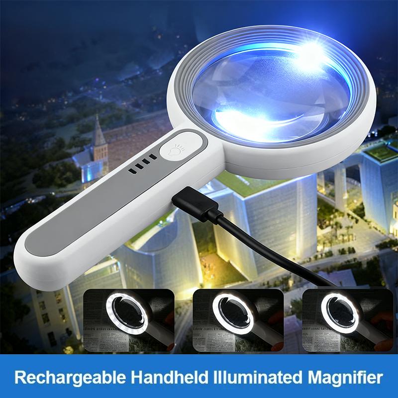 Rechargeable Handheld Magnifier 12X with LED Light 3 Modes for Seniors Reading Jewelry Craft Repair Inspection