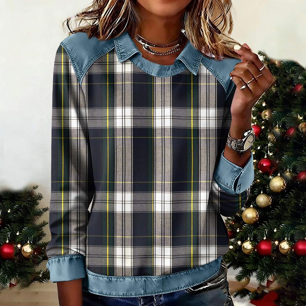 Women's Fashion Flared Long Sleeve Denim Patchwork Sweatshirt  Print Casual Pullover Top