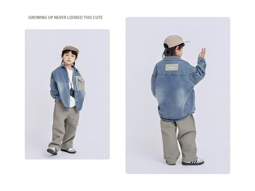 Trendig denimkofta för pojkar: Långärmad, Nedvikt krage, Höst 2025 Mode för barn
