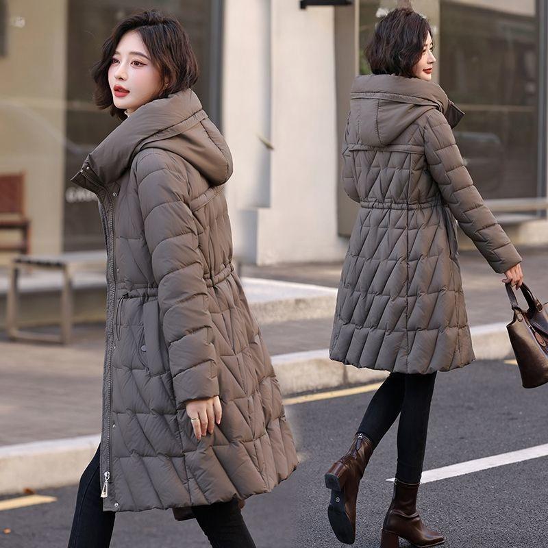 Women’s Winter High End Elegant Thickened Mid Length Padded Down Coat Waist Cinched Hooded Warm Fashion Outerwear