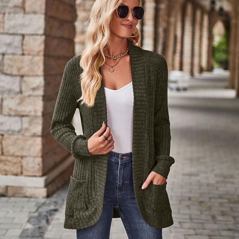 2025 Spring/Autumn Solid Color Ribbed Knit Cardigan Jacket