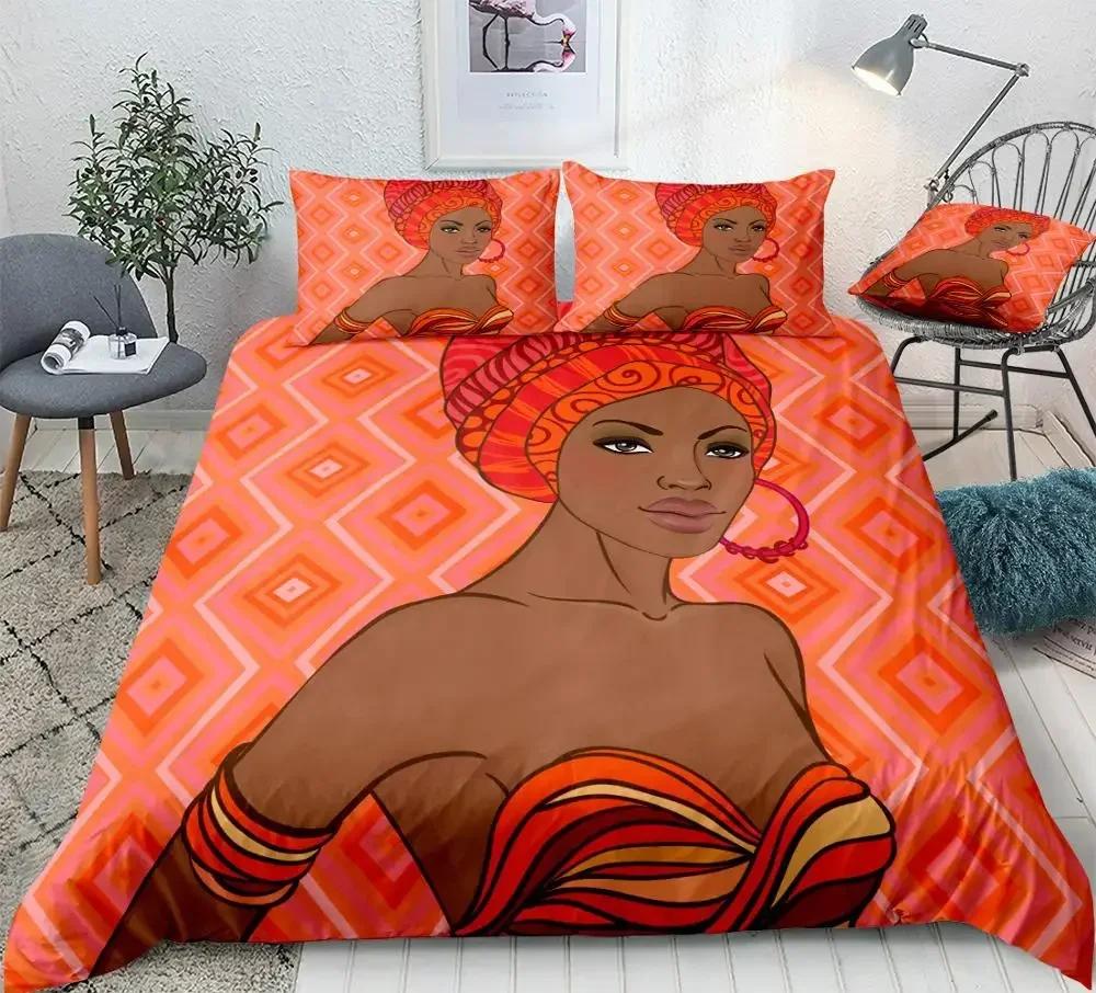 African Woman King Queen Duvet Cover Retro Exotic Tribal Black Girl Pattern Bedding Set Africa Polyester Quilt Cover Pillowcase