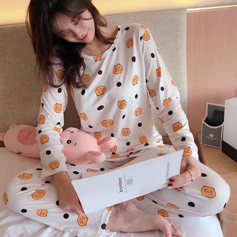 Women's Cute Cartoon Long Sleeve Pajama Set – Comfortable Thin Style for Spring, Autumn, and Winter, Wearable Outdoors