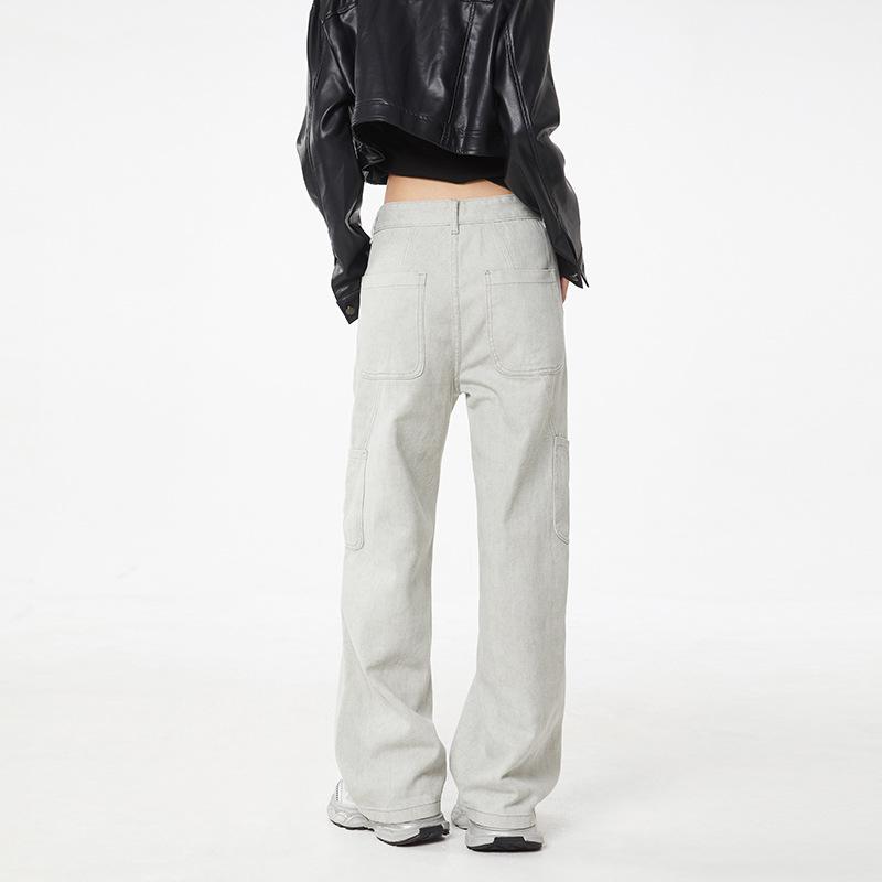 Autumn New Style of Work Jeans for Men's Multi-pocket American High Street Water Washing Casual Wide-leg Trousers