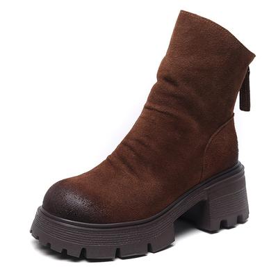 Vintage Genuine Leather Women Ankle Boots Round Toe Short Booties Autumn Winter Ladies Mid-Calf Motorcycle Shoes Botas Mujer