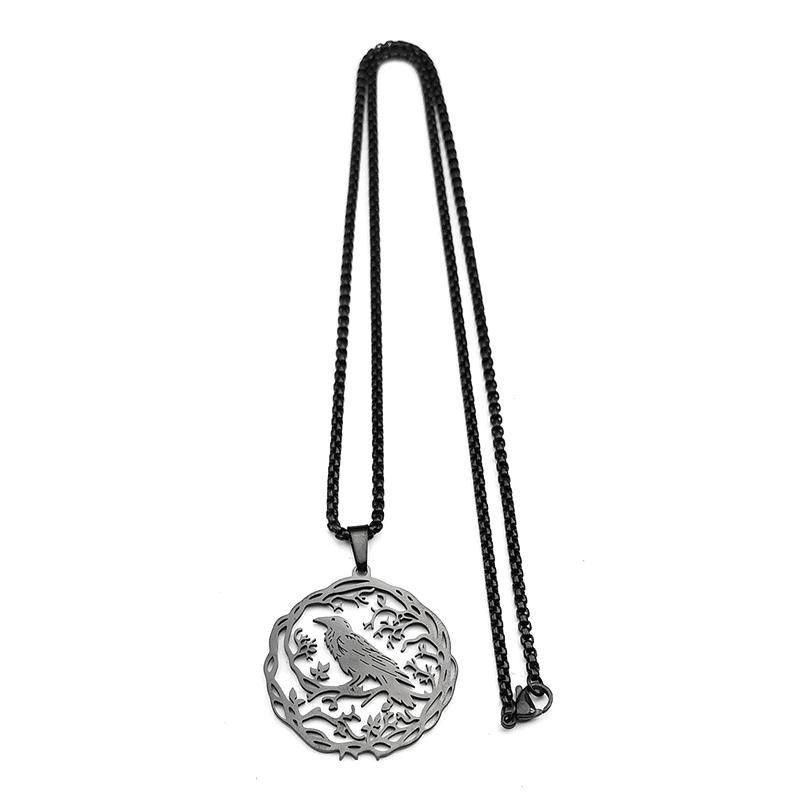 Raven Birds Pendant Necklace Women Men Stainless Steel Black Color Love Flower Of Life Knight Chain Jewelry Gifts
