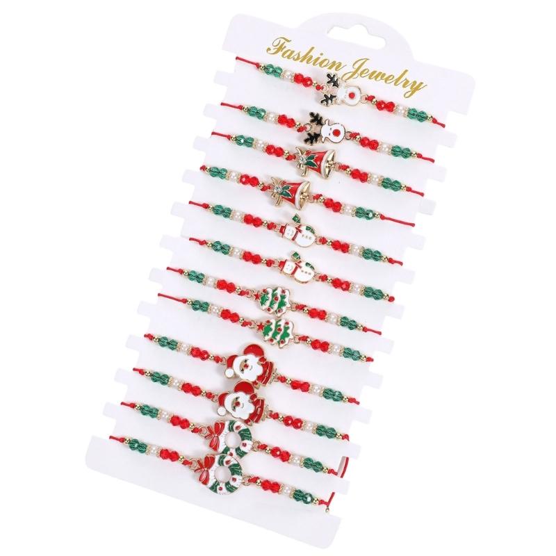 

Festive Adjustable Rope Bracelet Set With Santa Claus Snowman Charm 12PCS Zinc Alloy Holiday Gift For Women