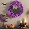 Black Cat Wreath with Lights Halloween Floral Garland, String Lights, Silhouette Hanging Decoration Wreath, for Front Door Indoor Outdoor Wall