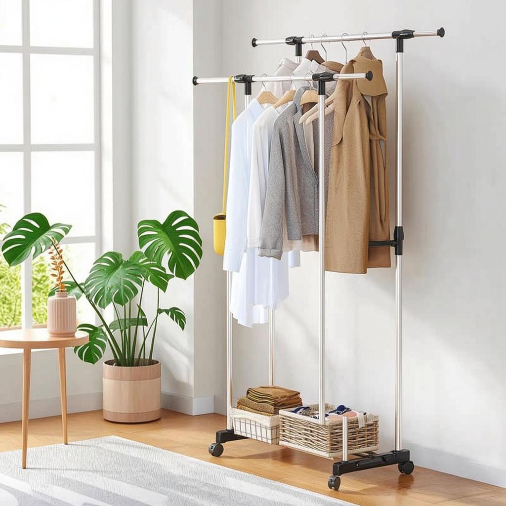 Double-Rod Clothes Rack Portable Furniture Sturdy for Dorm Room, Balcony