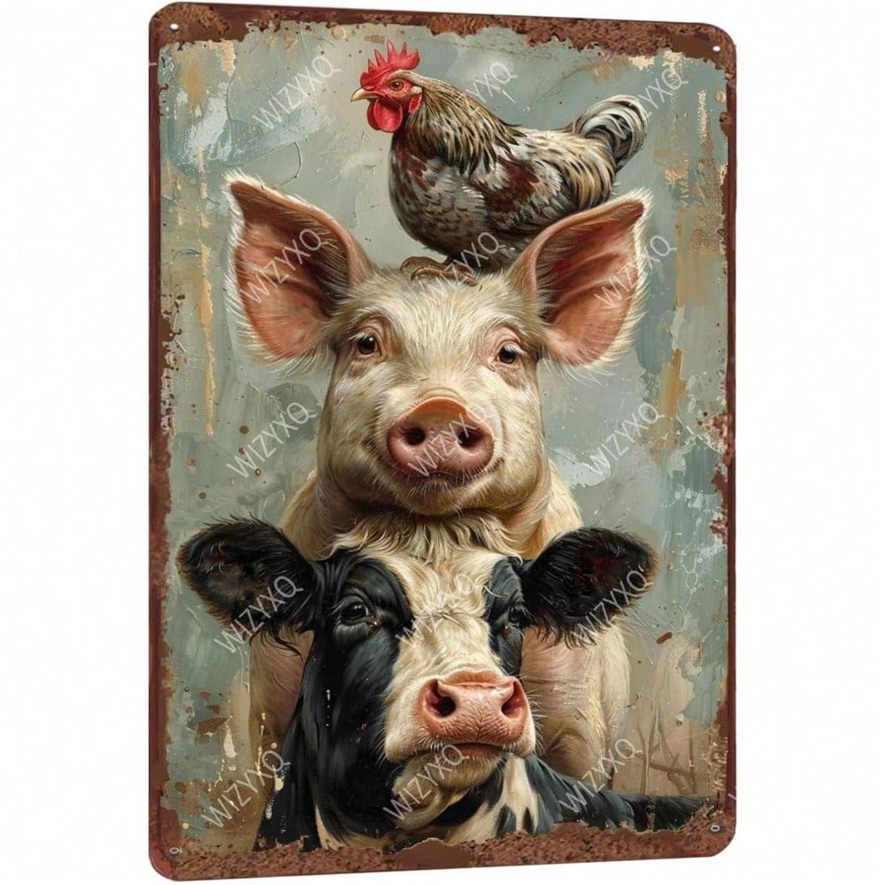 Metal Wall Art Farm Animals Pig Cow Chicken Vintage Poster for Kitchen Bar Cafe Rustic Decor