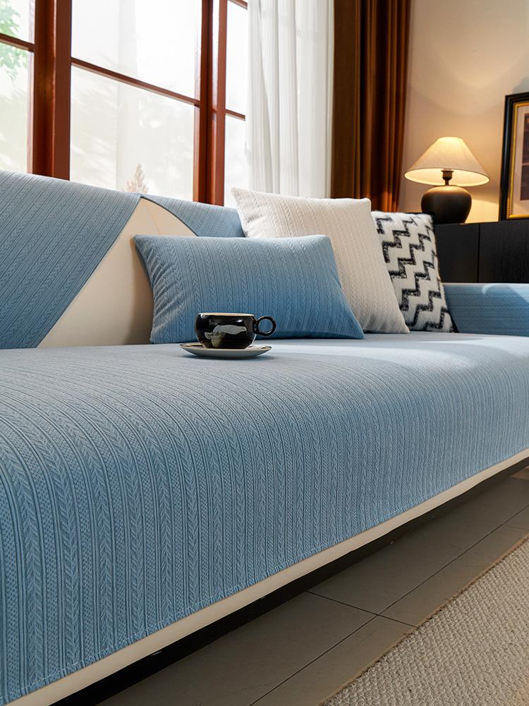 Four Seasons Universal Chenille Sofa Cover Sofa Pad Solid Color Striped Sofa Mat for Living Room Non-Slip L Shaped Couch Cushion