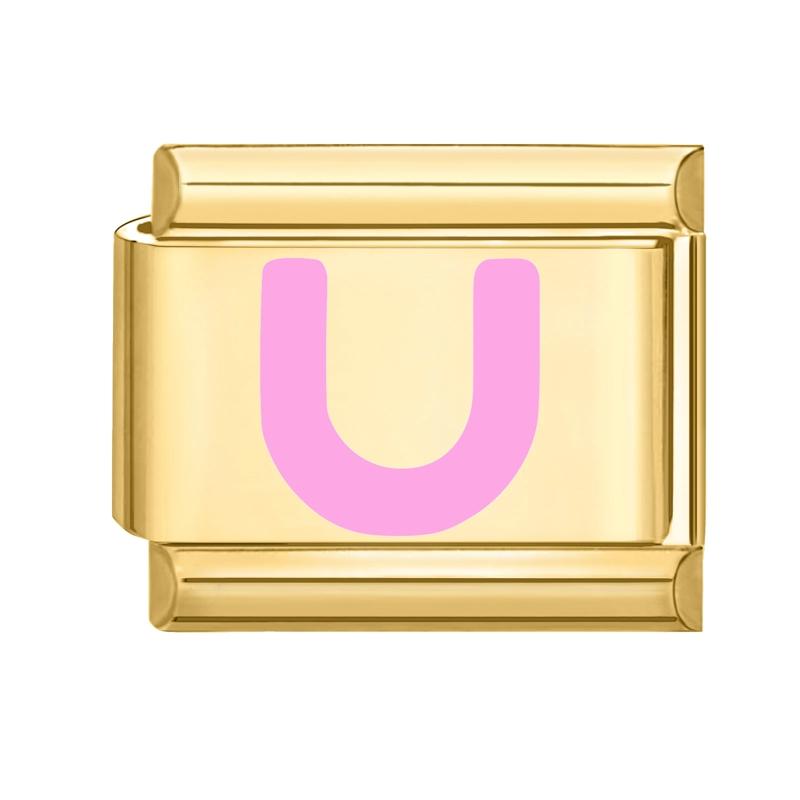 Vintage Y2K Pink 26 English Letters Gold Color Italian Charm Links Fit 9MM Bracelet Stainless Steel Making DIY Christmas Gifts