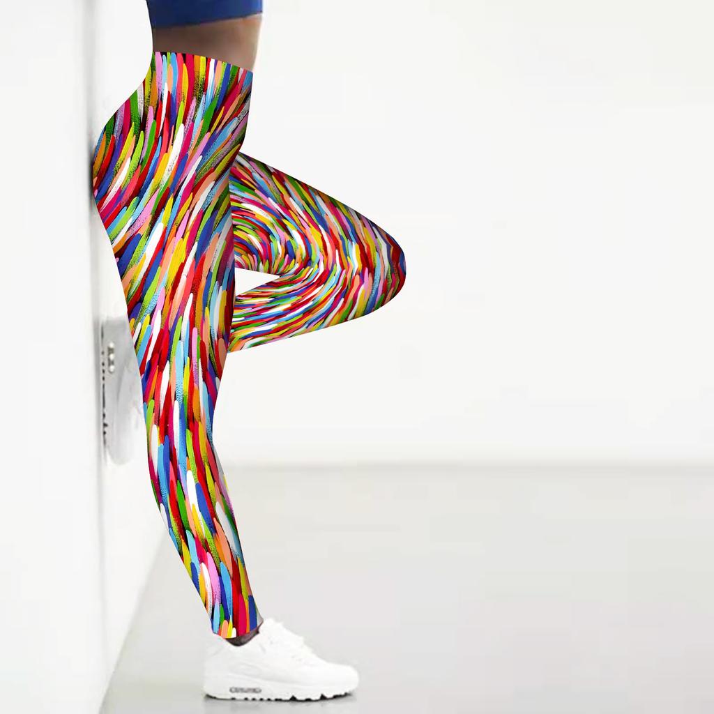 Damen Leggings mit bunten Stick-Prints, Stretch-Yoga-Leggings, Fitness, Laufen, Fitnessstudio, Sport, aktive Hose