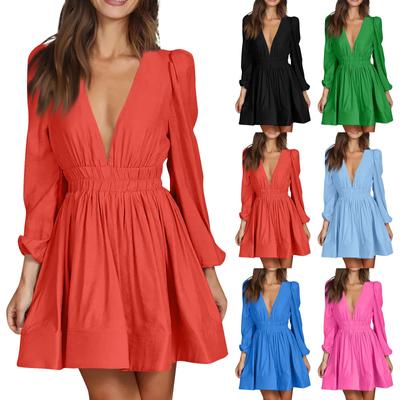 Damen Frühling und Herbst Casual Fashion Tiefe V-Ausschnitt Taille Langarm Volltonfarbe Kleider