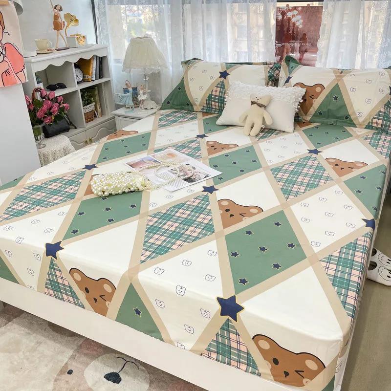 Beds Three-piece Cotton Pillow Bag Cover 1.5 Meters 1.8 Bed Seat Meng Si Dust Bed Cover Built-in Diamond Plaid Fresh Pastoral