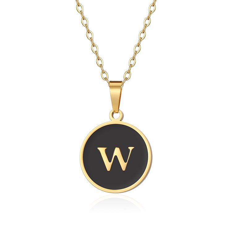 English letter oiled necklace, European and American trend titanium steel chain, round gold letter pendant collarbone chain