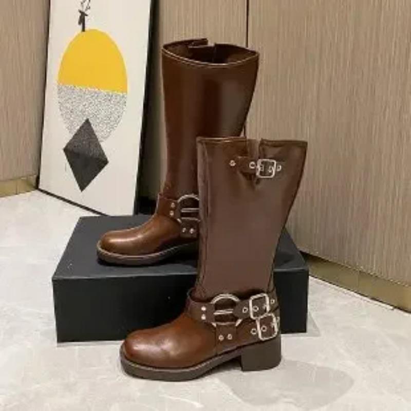 New Winter Denim Boots Women'S Retro Brown Belt Buckle Round Head High Boots Knee Length Boots